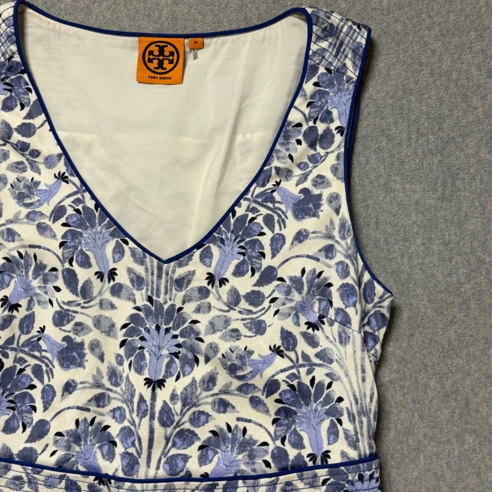 Tory Burch Blue White Floral Silk Sleeveless V-Neck Empire Waist Dress Size M